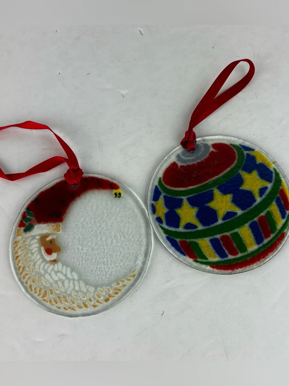 Peggy Karr Glass Set of 2 Vintage 90's Christmas Ornaments - Santa & Ball